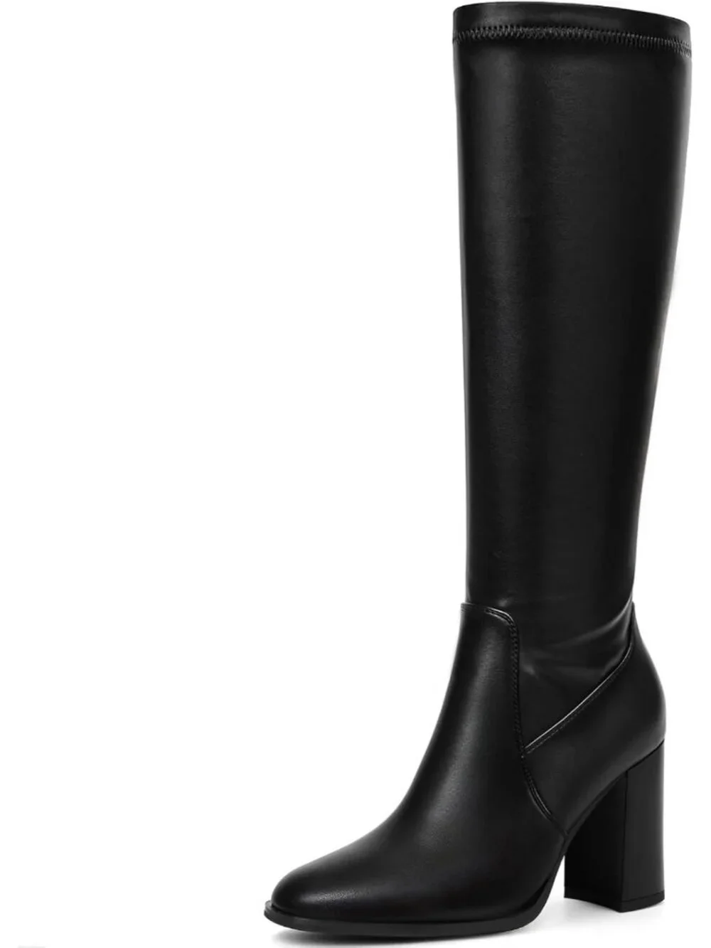 Women's Black Round Toe Side Zip Chunky Heel Fashion Tall Knee High Casual Boot